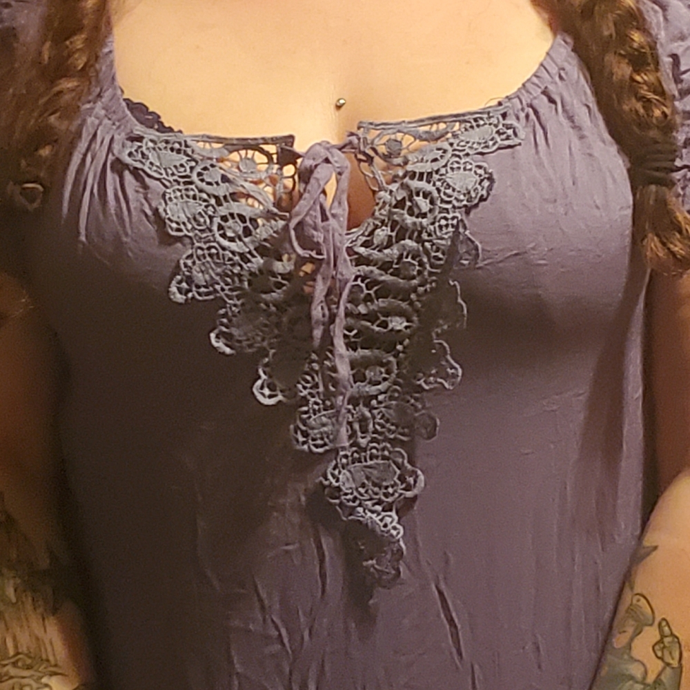 Blue lace trim tie blouse